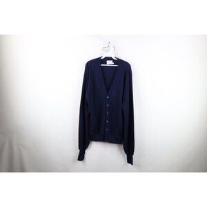 Vintage 70s Streetwear Mens XL Long Blank Knit Cardigan Sweater Navy Blue USA